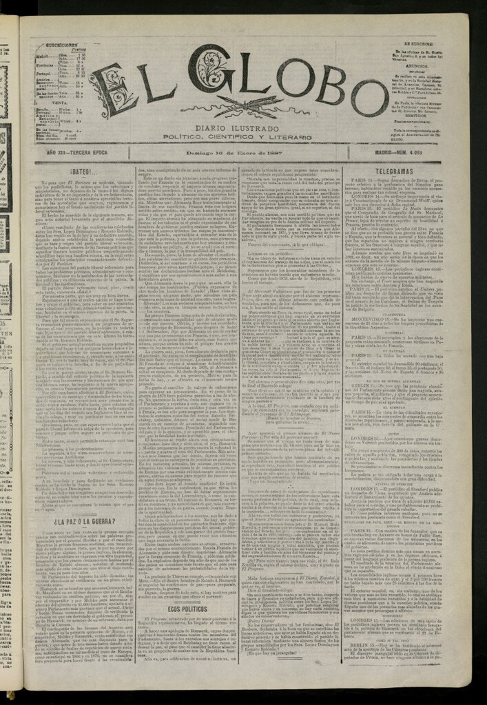 Miniatura de El Globo : diario ilustrado del 16 de enero de 1887, nº 4095