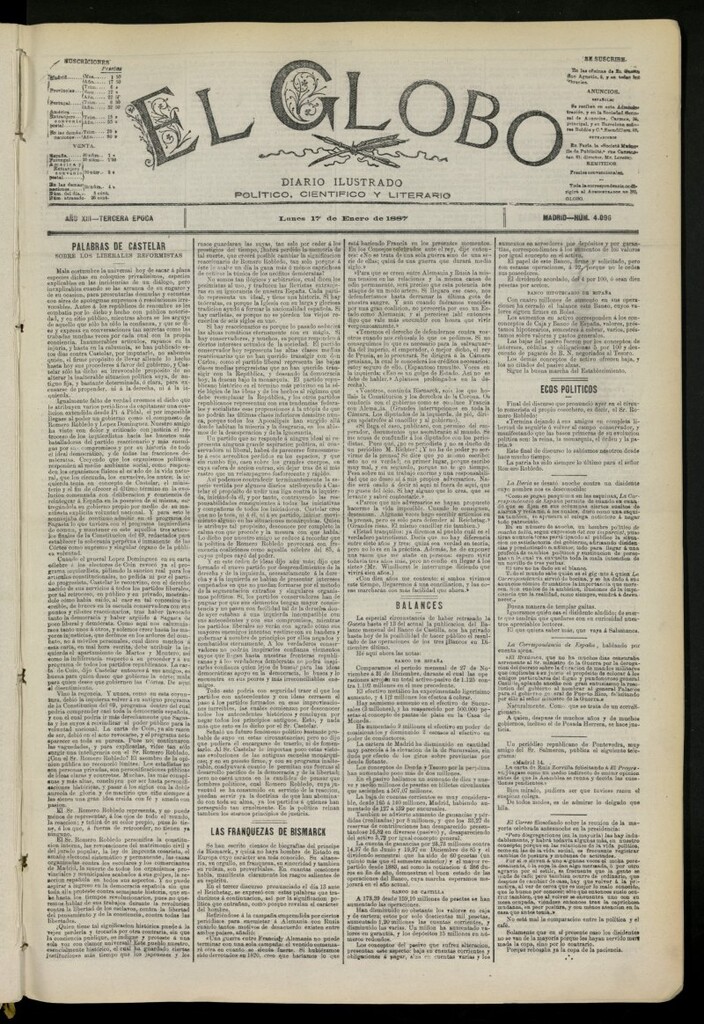 Miniatura de El Globo : diario ilustrado del 17 de enero de 1887, nº 4096