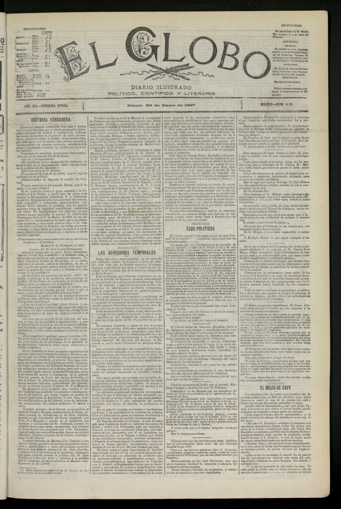 Miniatura de El Globo : diario ilustrado del 22 de enero de 1887, nº 4101