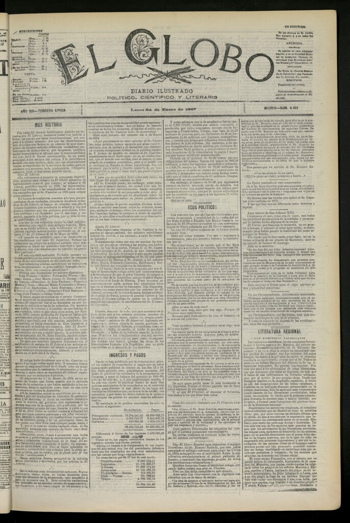 Miniatura de El Globo : diario ilustrado del 24 de enero de 1887, nº 4103