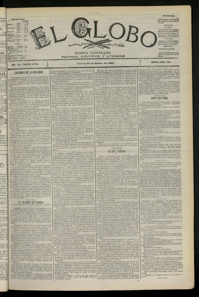 Miniatura de El Globo : diario ilustrado del 27 de enero de 1887, nº 4106