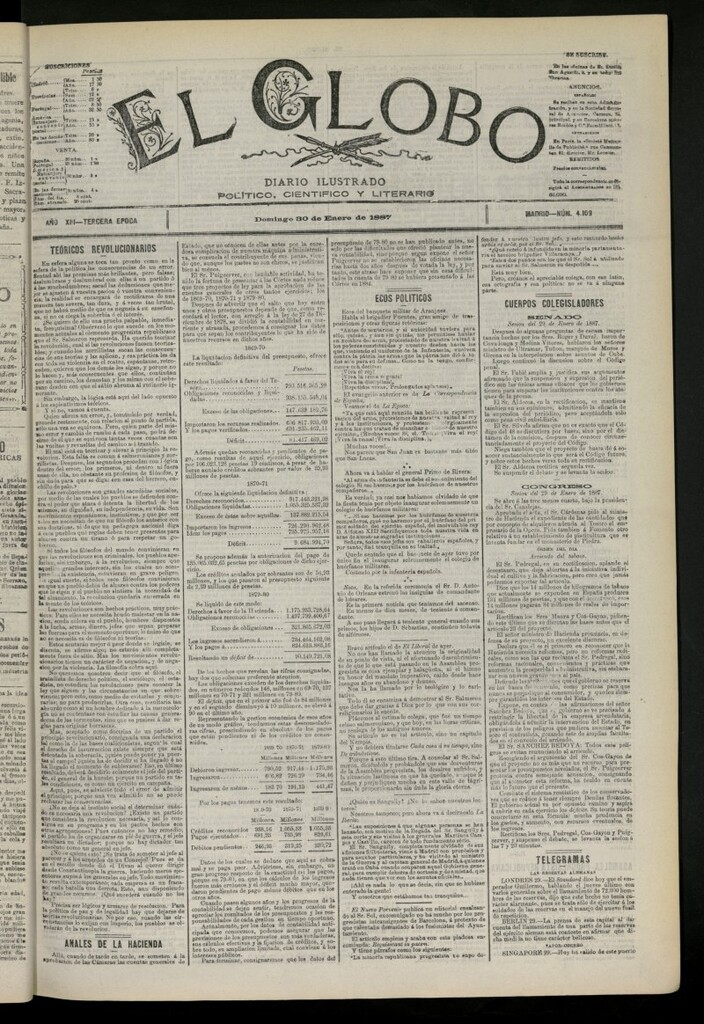 Miniatura de El Globo : diario ilustrado del 30 de enero de 1887, nº 4109