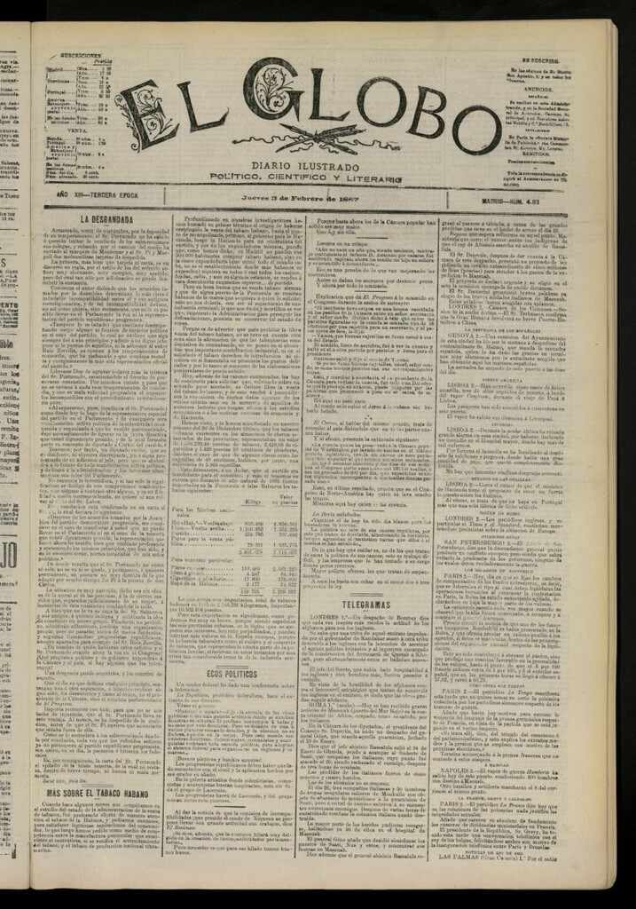 Miniatura de El Globo : diario ilustrado del 3 de febrero de 1887, nº 4113