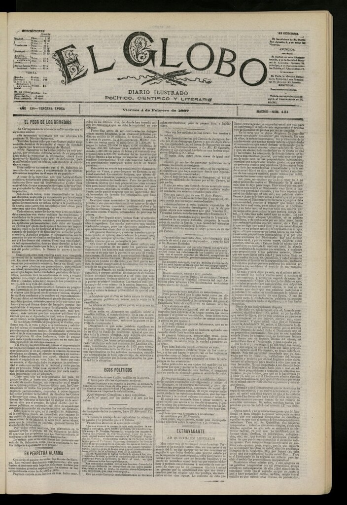 Miniatura de El Globo : diario ilustrado del 4 de febrero de 1887, nº 4114