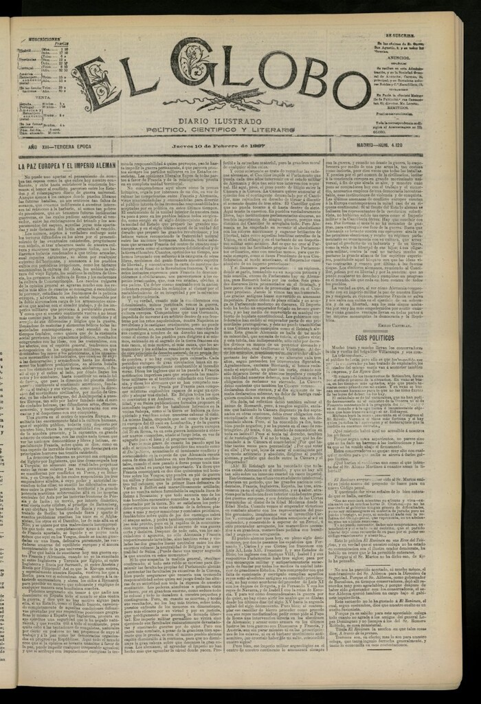 Miniatura de El Globo : diario ilustrado del 10 de febrero de 1887, nº 4120