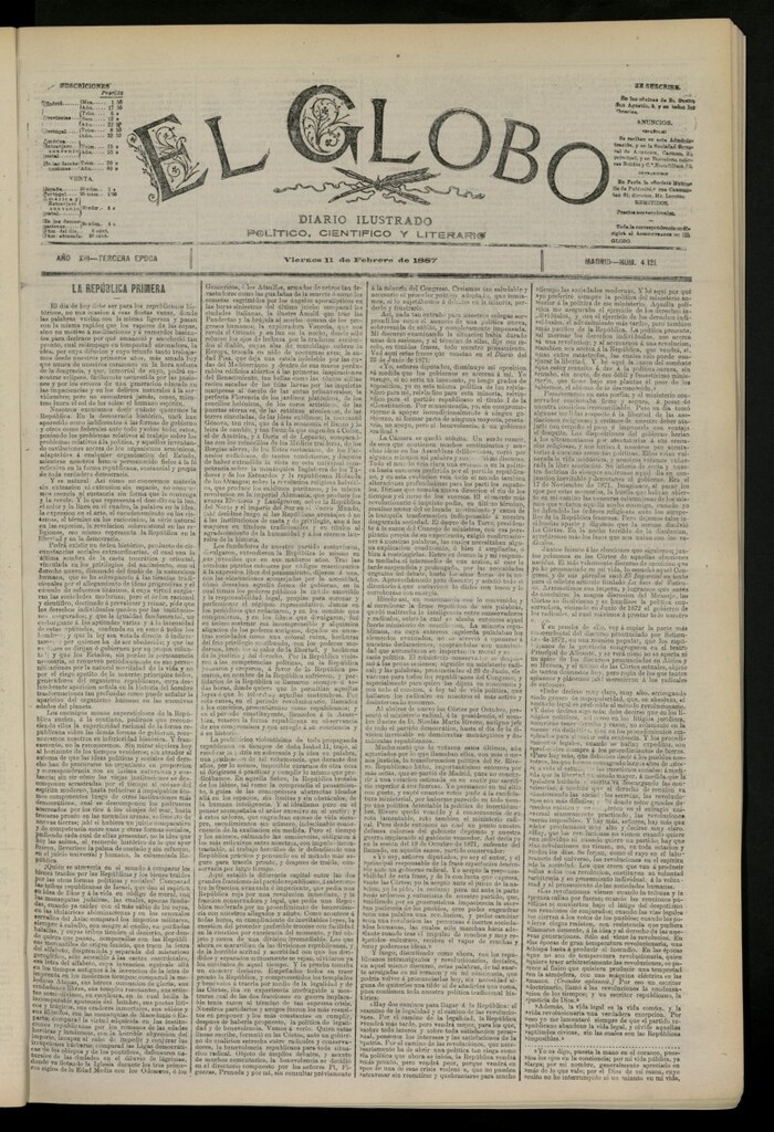 Miniatura de El Globo : diario ilustrado del 11 de febrero de 1887, nº 4121