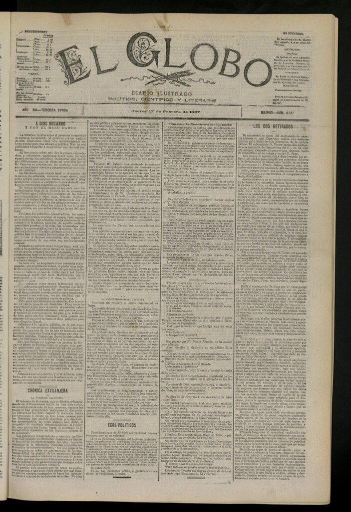 Miniatura de El Globo : diario ilustrado del 17 de febrero de 1887, nº 4127