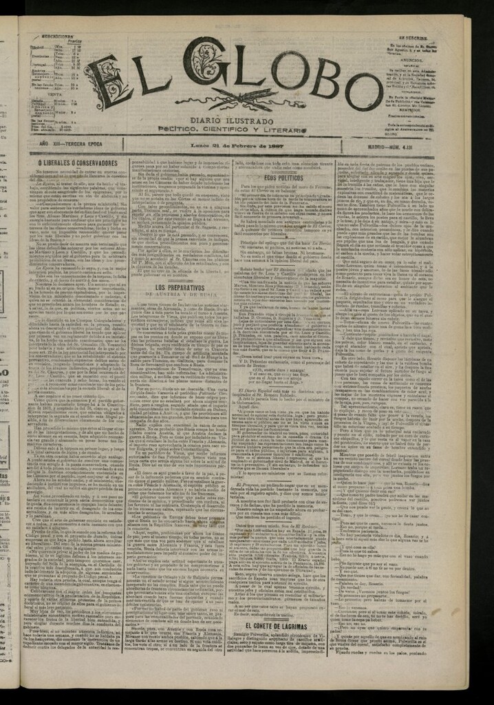 Miniatura de El Globo : diario ilustrado del 21 de febrero de 1887, nº 4131