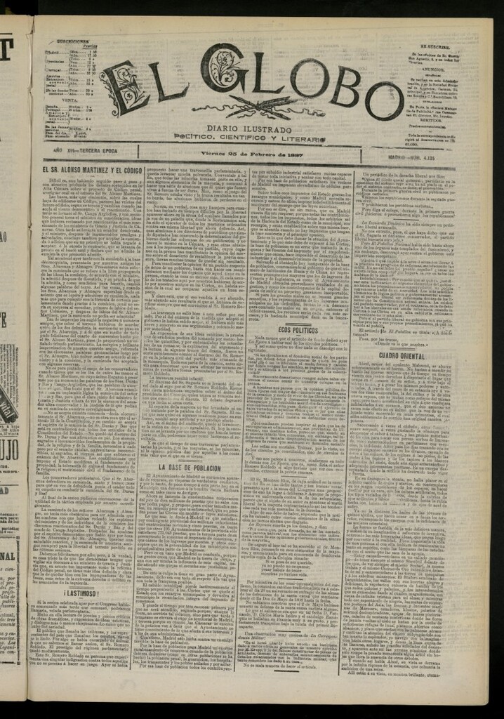Miniatura de El Globo : diario ilustrado del 25 de febrero de 1887, nº 4135