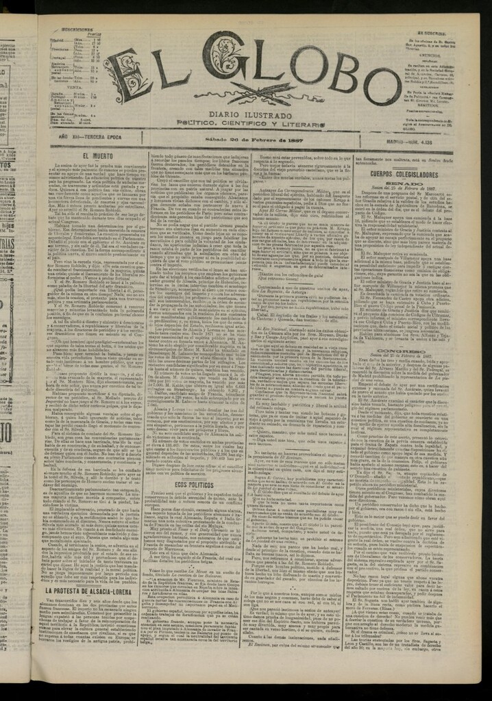 Miniatura de El Globo : diario ilustrado del 26 de febrero de 1887, nº 4136