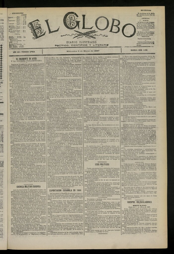 Miniatura de El Globo : diario ilustrado del 2 de marzo de 1887, nº 4140