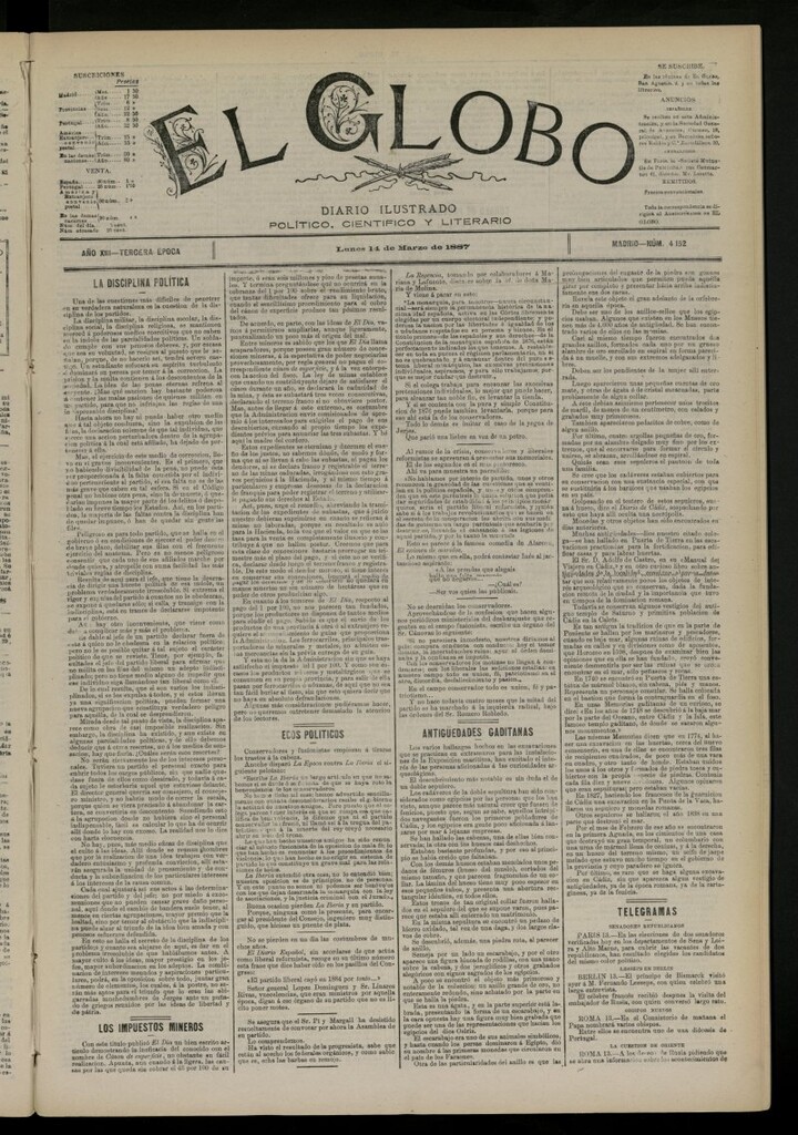 Miniatura de El Globo : diario ilustrado del 14 de marzo de 1887, nº 4152