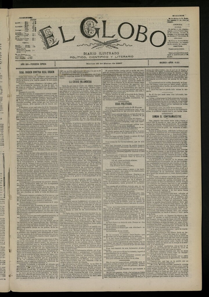 Miniatura de El Globo : diario ilustrado del 15 de marzo de 1887, nº 4153