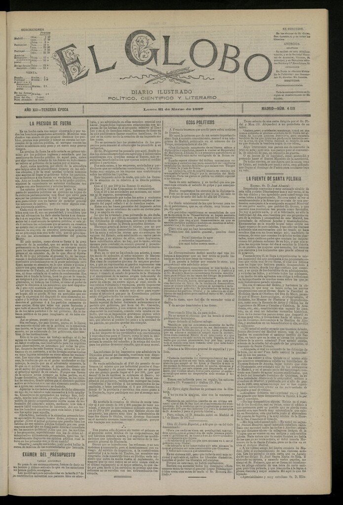 Miniatura de El Globo : diario ilustrado del 21 de marzo de 1887, nº 4159