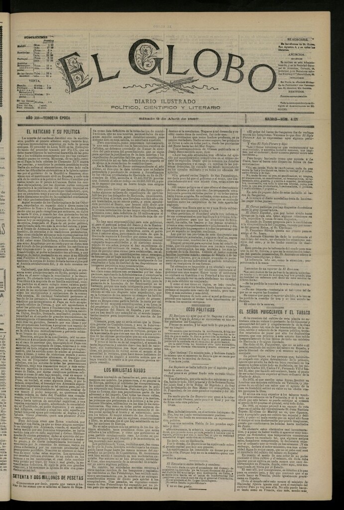 Miniatura de El Globo : diario ilustrado del 2 de abril de 1887, nº 4171