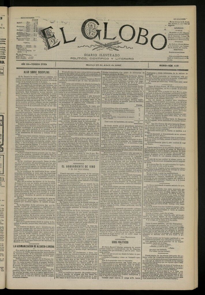 Miniatura de El Globo : diario ilustrado del 12 de abril de 1887, nº 4181