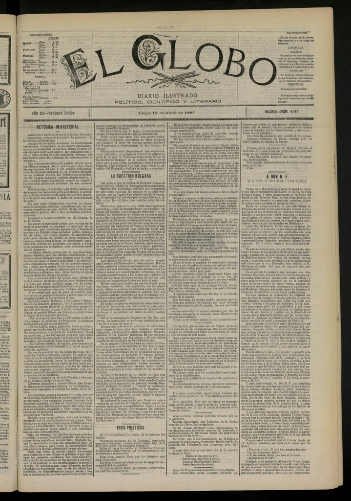 Miniatura de El Globo : diario ilustrado del 18 de abril de 1887, nº 4187