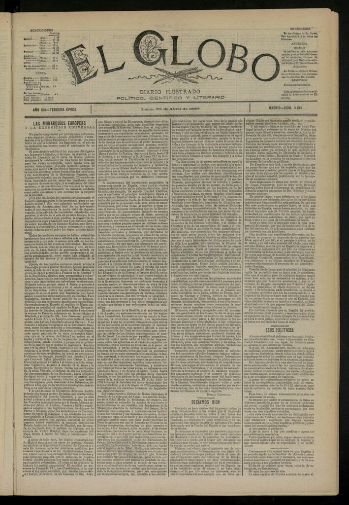 Miniatura de El Globo : diario ilustrado del 25 de abril de 1887, nº 4194