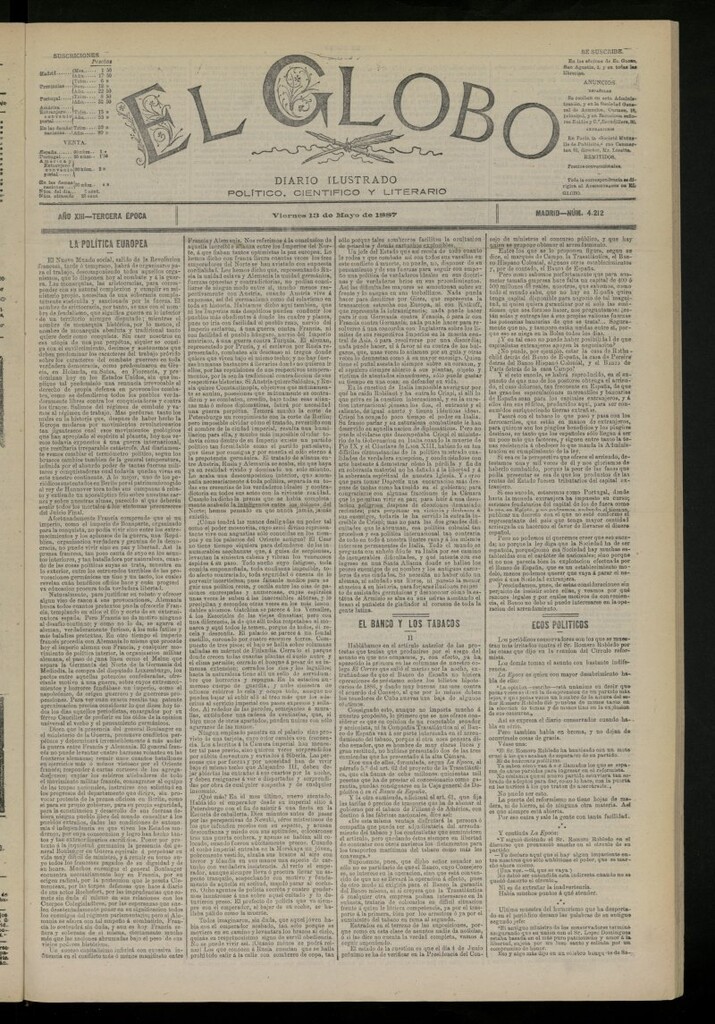 Miniatura de El Globo : diario ilustrado del 13 de mayo de 1887, nº 4212