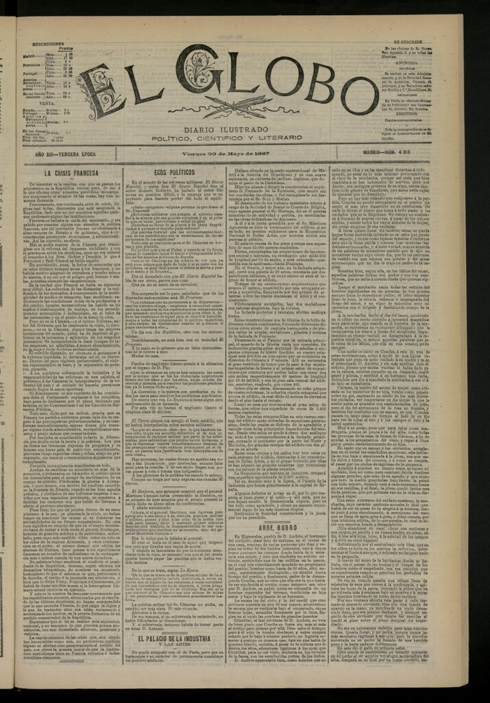 Miniatura de El Globo : diario ilustrado del 20 de mayo de 1887, nº 4218