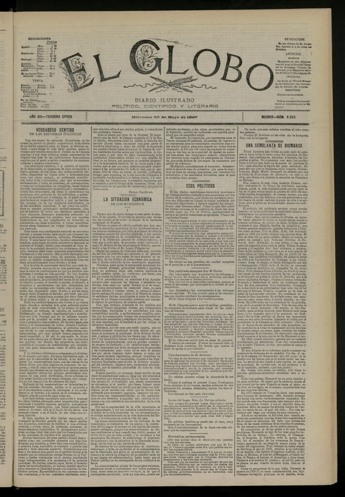 Miniatura de El Globo : diario ilustrado del 25 de mayo de 1887, nº 4223