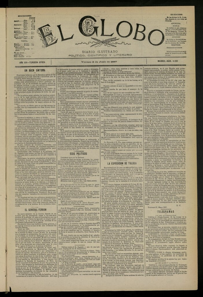 Miniatura de El Globo : diario ilustrado del 3 de junio de 1887, nº 4232