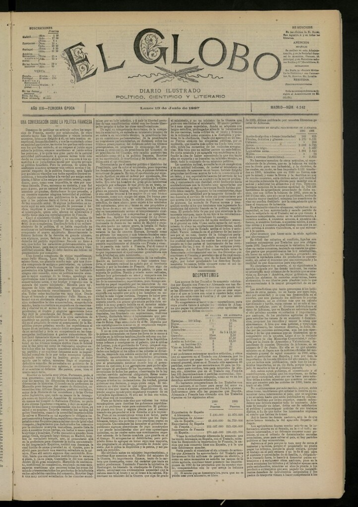 Miniatura de El Globo : diario ilustrado del 13 de junio de 1887, nº 4242