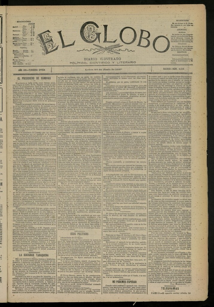 Miniatura de El Globo : diario ilustrado del 20 de junio de 1887, nº 4249