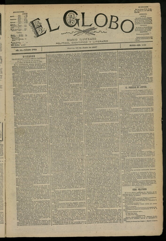 Miniatura de El Globo : diario ilustrado del 23 de junio de 1887, nº 4252