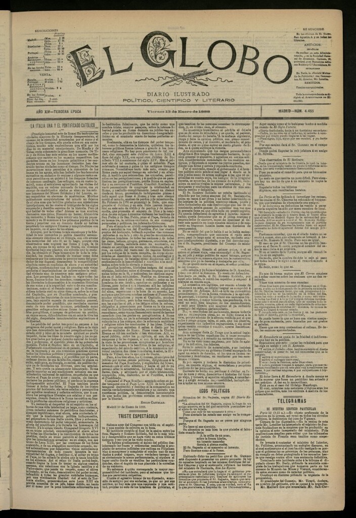 Miniatura de El Globo : diario ilustrado del 13 de enero de 1888, nº 4455