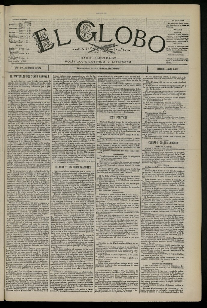 Miniatura de El Globo : diario ilustrado del 25 de enero de 1888, nº 4467