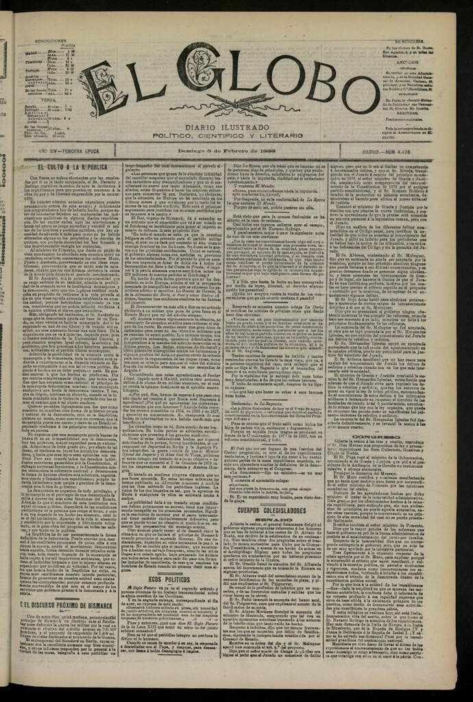 Miniatura de El Globo : diario ilustrado del 5 de febrero de 1888, nº 4478