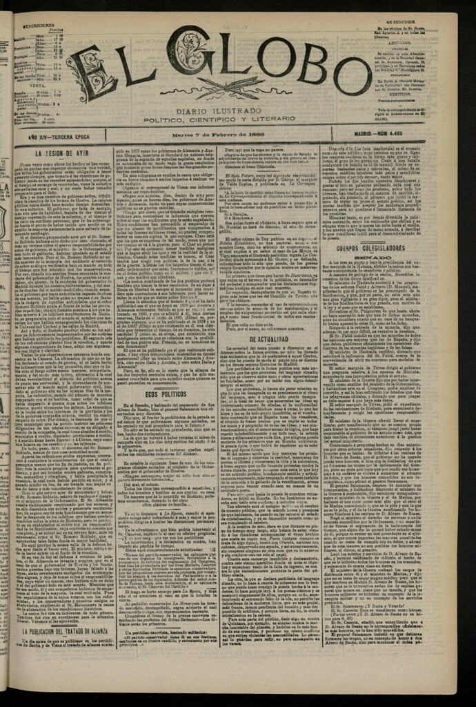Miniatura de El Globo : diario ilustrado del 7 de febrero de 1888, nº 4480