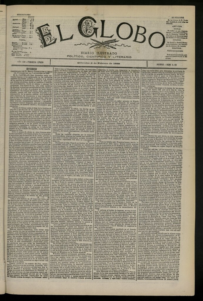 Miniatura de El Globo : diario ilustrado del 8 de febrero de 1888, nº 4481
