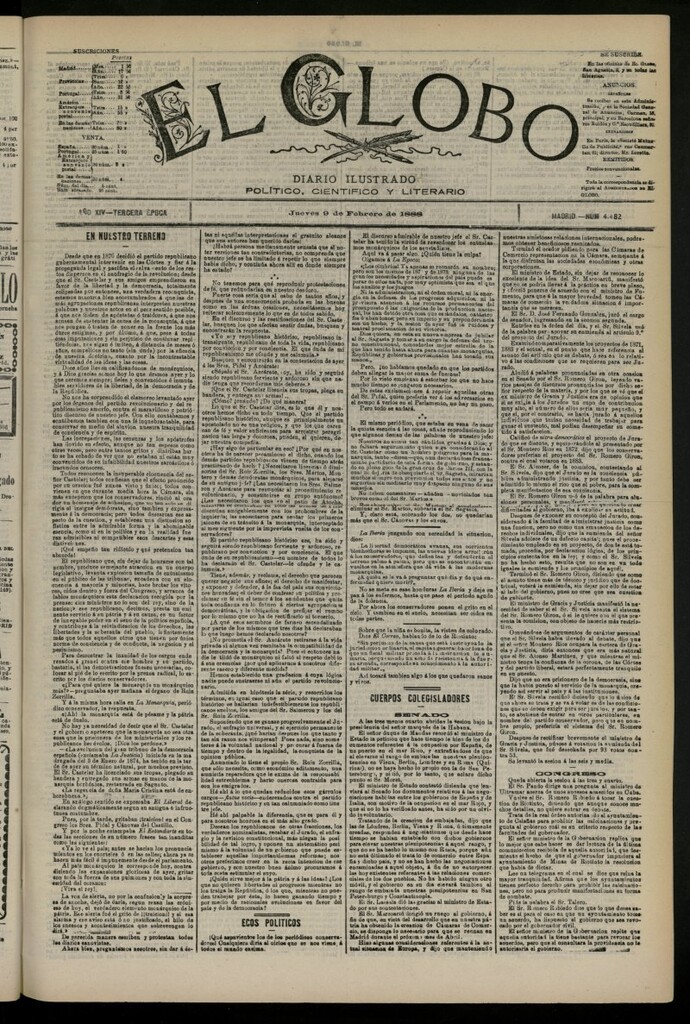 Miniatura de El Globo : diario ilustrado del 9 de febrero de 1888, nº 4482