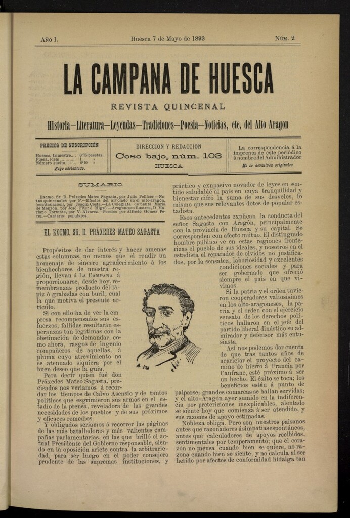 Miniatura de La Campana de Huesca: Historia, Literatura, Leyendas, Tradiciones, Poesía, Noticias, etc., del Alto Aragón del 7 de mayo de 1893, nº 2