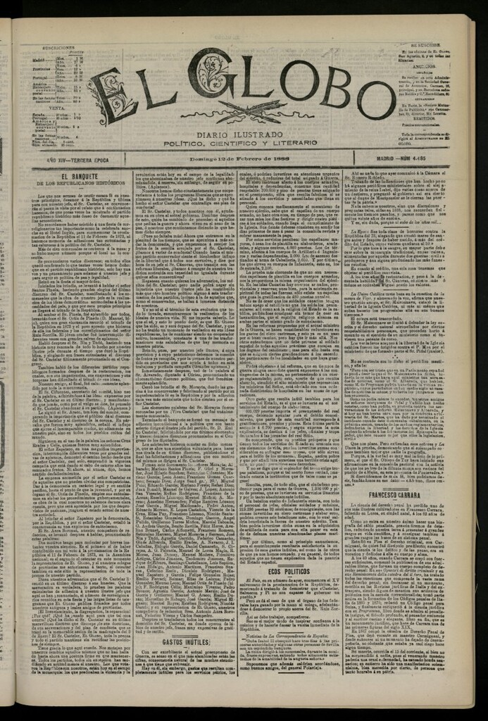 Miniatura de El Globo : diario ilustrado del 12 de febrero de 1888, nº 4485
