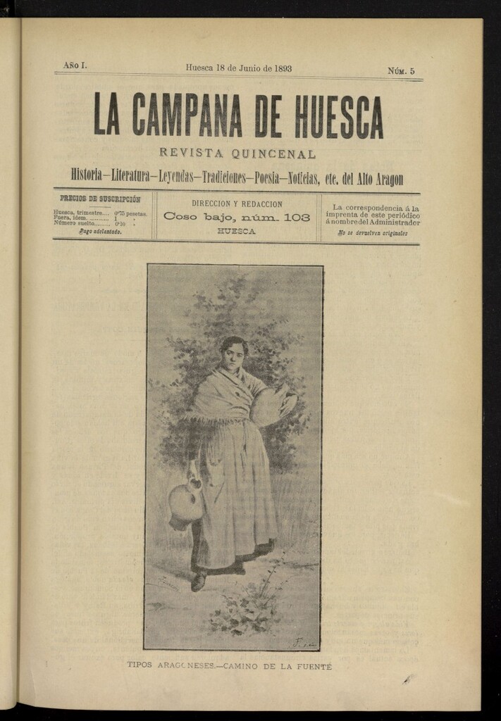 Miniatura de La Campana de Huesca: Historia, Literatura, Leyendas, Tradiciones, Poesía, Noticias, etc., del Alto Aragón del 18 de junio de 1893, nº 5