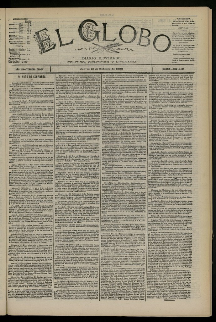 Miniatura de El Globo : diario ilustrado del 16 de febrero de 1888, nº 4489