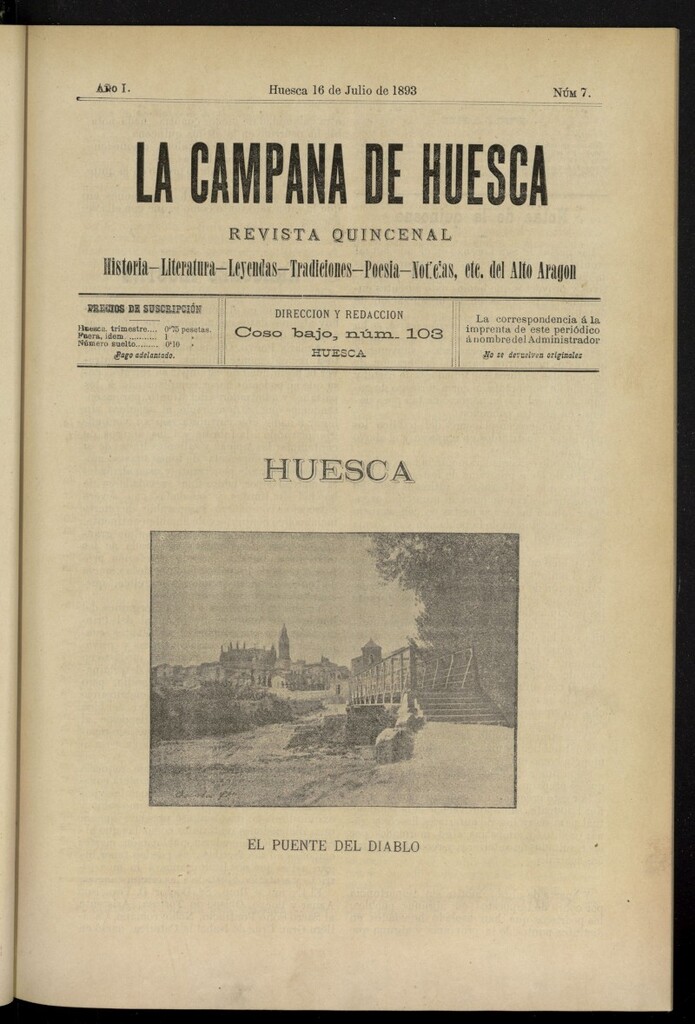 Miniatura de La Campana de Huesca: Historia, Literatura, Leyendas, Tradiciones, Poesía, Noticias, etc., del Alto Aragón del 16 de julio de 1893, nº 7