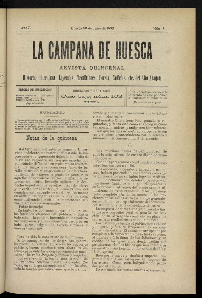 Miniatura de La Campana de Huesca: Historia, Literatura, Leyendas, Tradiciones, Poesía, Noticias, etc., del Alto Aragón del 30 de julio de 1893, nº 8