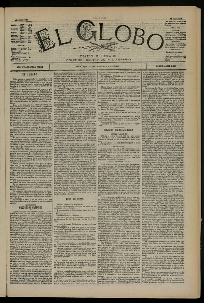 Miniatura de El Globo : diario ilustrado del 19 de febrero de 1888, nº 4492