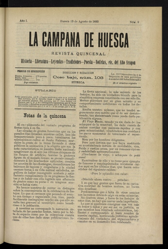 Miniatura de La Campana de Huesca: Historia, Literatura, Leyendas, Tradiciones, Poesía, Noticias, etc., del Alto Aragón del 13 de agosto de 1893, nº 9