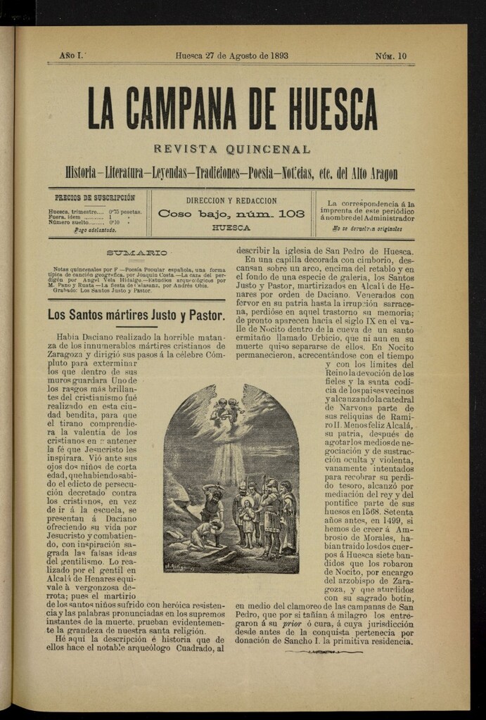 Miniatura de La Campana de Huesca: Historia, Literatura, Leyendas, Tradiciones, Poesía, Noticias, etc., del Alto Aragón del 27 de agosto de 1893, nº 10