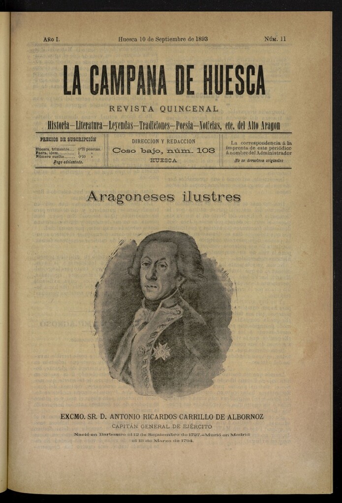 Miniatura de La Campana de Huesca: Historia, Literatura, Leyendas, Tradiciones, Poesía, Noticias, etc., del Alto Aragón del 10 de septiembre de 1893, nº 11