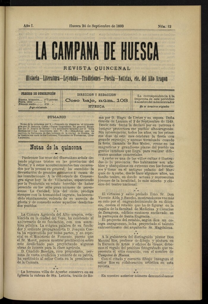 Miniatura de La Campana de Huesca: Historia, Literatura, Leyendas, Tradiciones, Poesía, Noticias, etc., del Alto Aragón del 24 de septiembre de 1893, nº 12