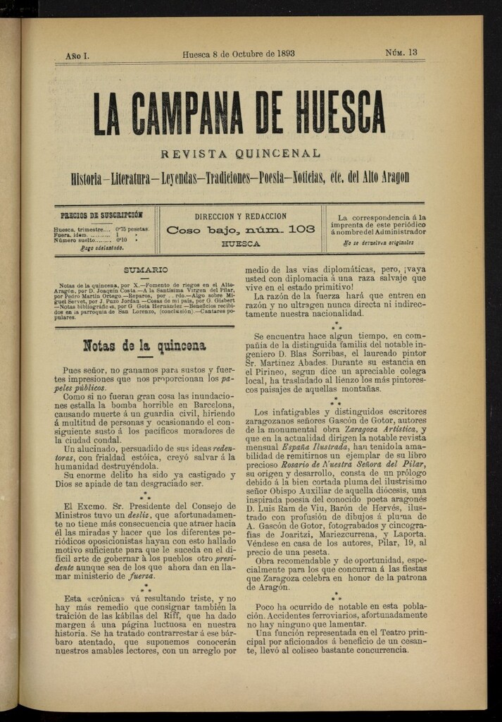 Miniatura de La Campana de Huesca: Historia, Literatura, Leyendas, Tradiciones, Poesía, Noticias, etc., del Alto Aragón del 8 de octubre de 1893, nº 13