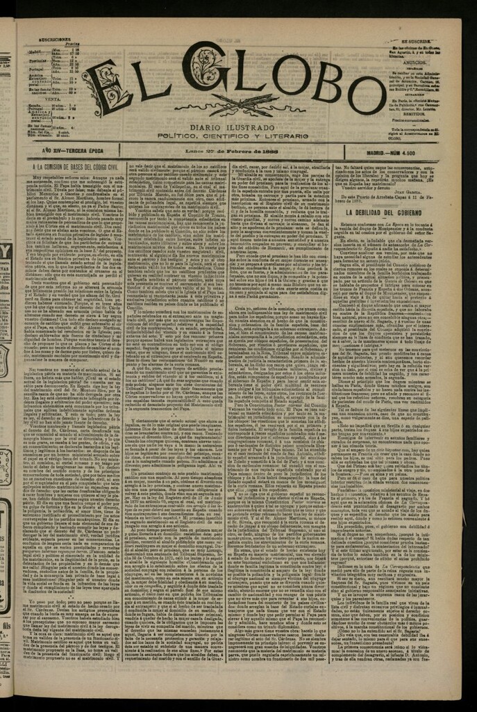 Miniatura de El Globo : diario ilustrado del 27 de febrero de 1888, nº 4500