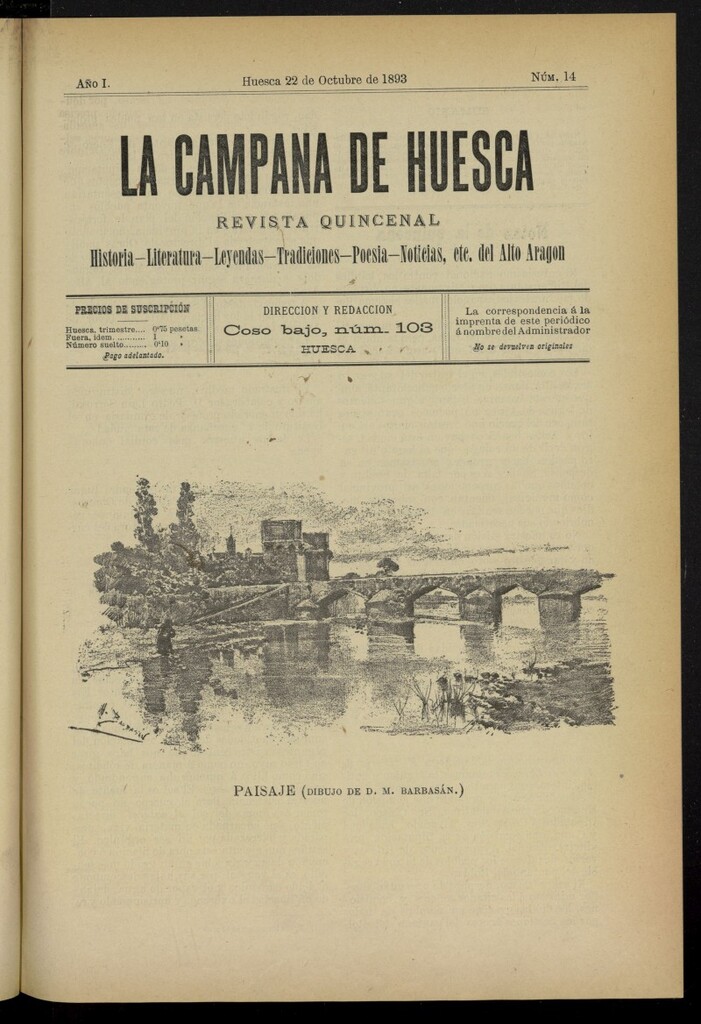 Miniatura de La Campana de Huesca: Historia, Literatura, Leyendas, Tradiciones, Poesía, Noticias, etc., del Alto Aragón del 22 de octubre de 1893, nº 14