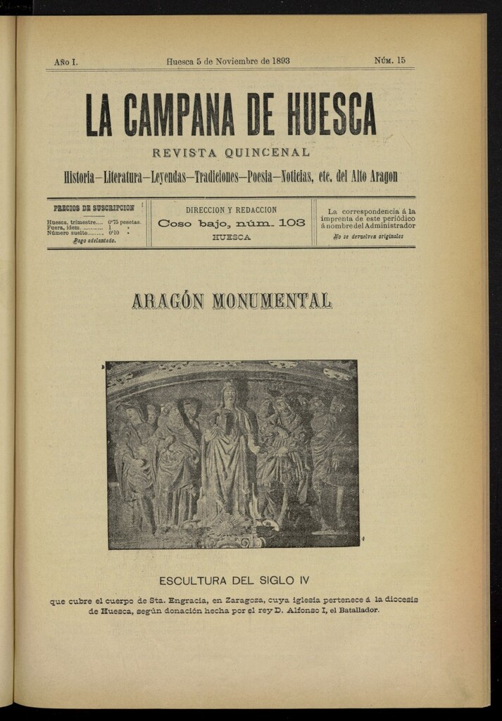 Miniatura de La Campana de Huesca: Historia, Literatura, Leyendas, Tradiciones, Poesía, Noticias, etc., del Alto Aragón del 5 de noviembre de 1893, nº 15